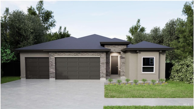3549 E Planet Dr, Boise, ID 83712 - prairie-style home with stucco siding, a front lawn, driveway, stone siding, and a garage