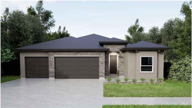 prairie-style home with stucco siding, a front lawn, driveway, stone siding, and a garage