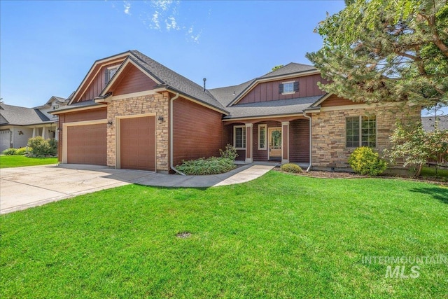 2895 E Shadowwolf Dr, Eagle, ID 83616 - craftsman inspired home with an attached garage, stone siding, concrete driveway, a front yard, and board and batten siding