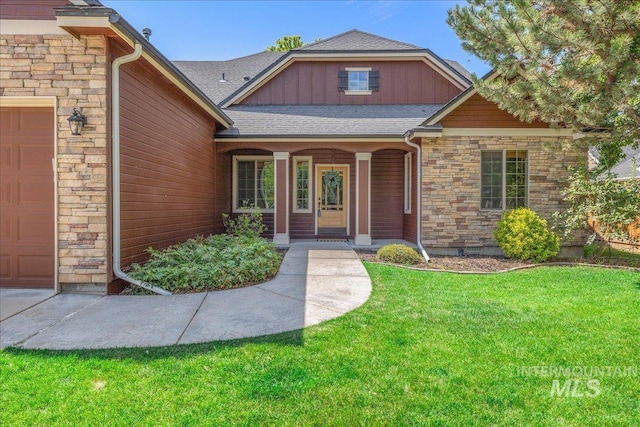 2895 E Shadowwolf Dr, Eagle, ID 83616 - entrance to property with stone siding, a yard, roof with shingles, and a garage