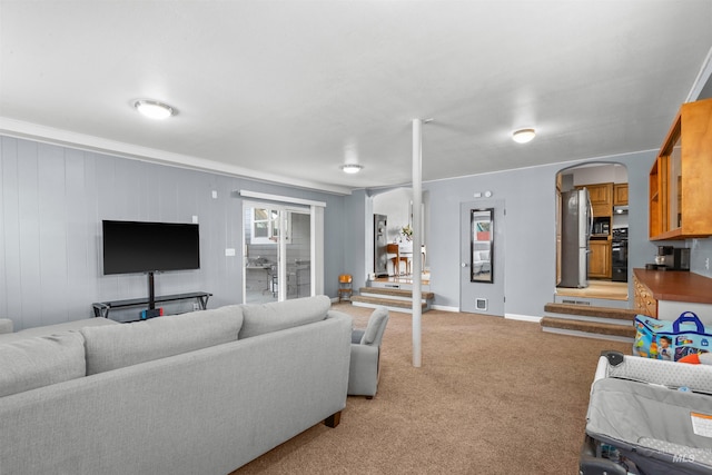 living room featuring light colored carpet