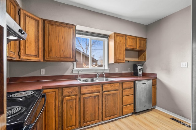 kitchen featuring sink, stainless steel dishwasher, black range with electric stovetop, range hood, and light hardwood / wood-style floors