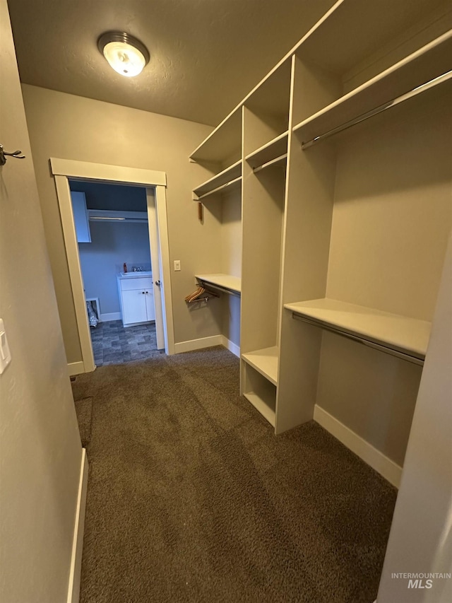 spacious closet with dark colored carpet