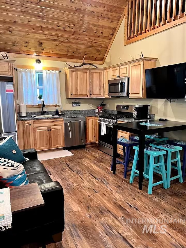 kitchen with wood ceiling, dark countertops, a sink, dark wood-style floors, and stainless steel appliances