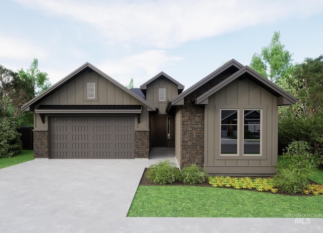 6539 S Evie Way, Eagle, ID 83629 - view of front of house with board and batten siding, stone siding, an attached garage, and concrete driveway