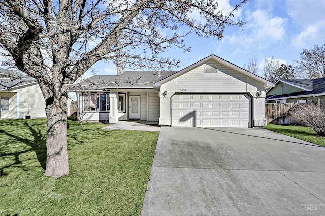 ranch-style house with a front lawn and a garage