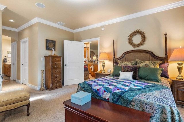 455 Coiner Cir, Twin Falls, ID 83301 - bedroom featuring light carpet, crown molding, arched walkways, and recessed lighting