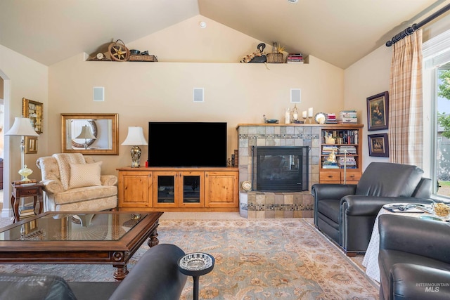 455 Coiner Cir, Twin Falls, ID 83301 - living area with vaulted ceiling, a fireplace, and arched walkways