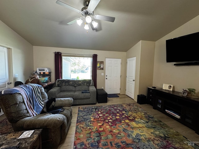 1309 Golden Pheasant Dr, Twin Falls, ID 83301 - living room with lofted ceiling, a ceiling fan, and wood finished floors