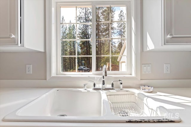 details featuring white cabinetry, a sink, and light countertops