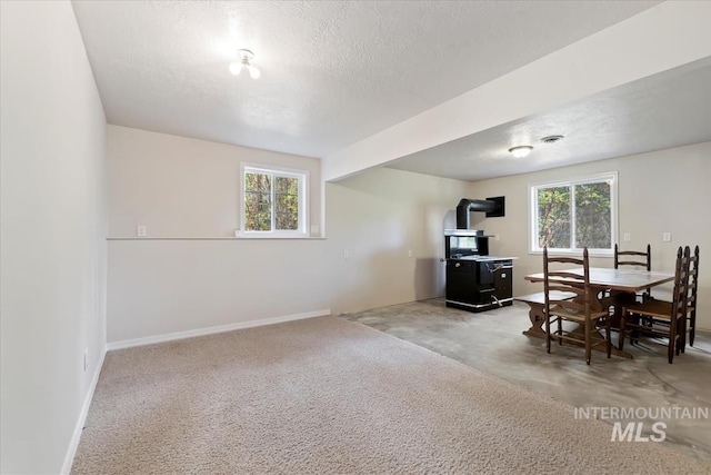 carpeted dining area featuring plenty of natural light, baseboards, a wood stove, and a textured ceiling