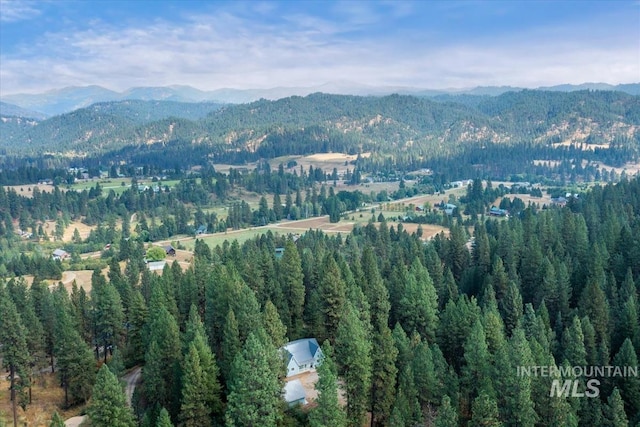 bird's eye view with a wooded view and a mountain view