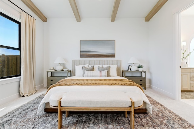 6203 W Estuary St, Eagle, ID 83616 - bedroom featuring beamed ceiling, light carpet, ensuite bath, and baseboards