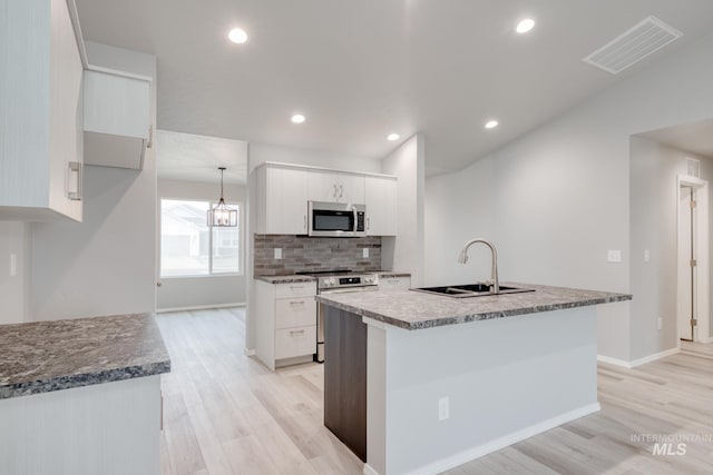 kitchen featuring visible vents, backsplash, appliances with stainless steel finishes, white cabinetry, and a sink