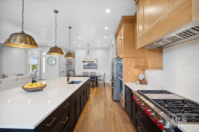 8848 Overunder Ln, Middleton, ID 83644 - kitchen featuring a sink, premium range hood, appliances with stainless steel finishes, light countertops, and recessed lighting
