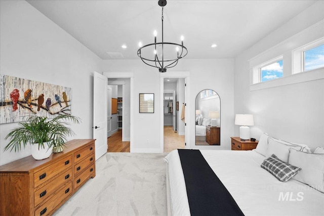 8848 Overunder Ln, Middleton, ID 83644 - bedroom with light carpet, a chandelier, recessed lighting, and baseboards