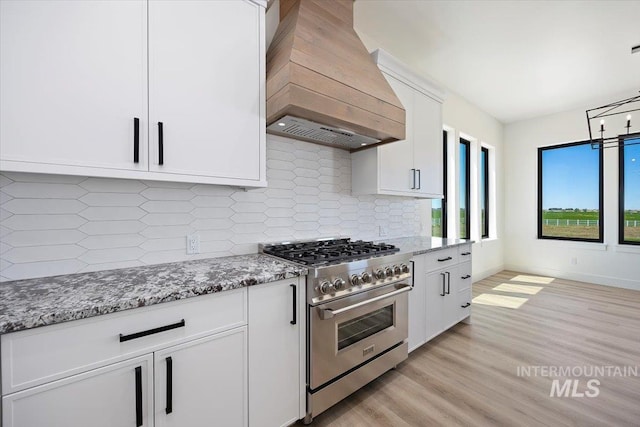4069N 2200 2200 E E, Filer, ID 83328 - kitchen featuring high end stove, premium range hood, white cabinets, light stone counters, and decorative backsplash