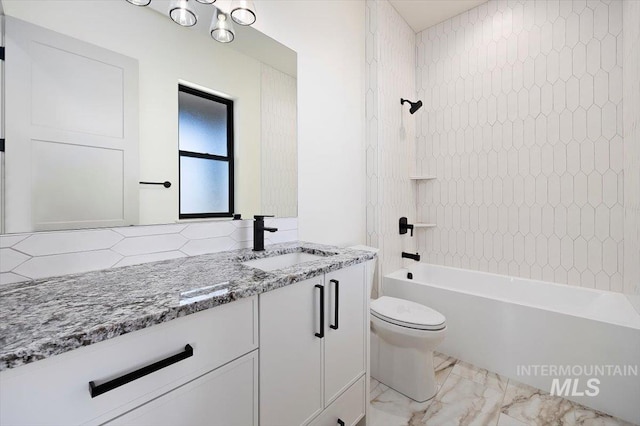 4069N 2200 2200 E E, Filer, ID 83328 - bathroom featuring vanity, toilet, shower / washtub combination, marble finish flooring, and backsplash