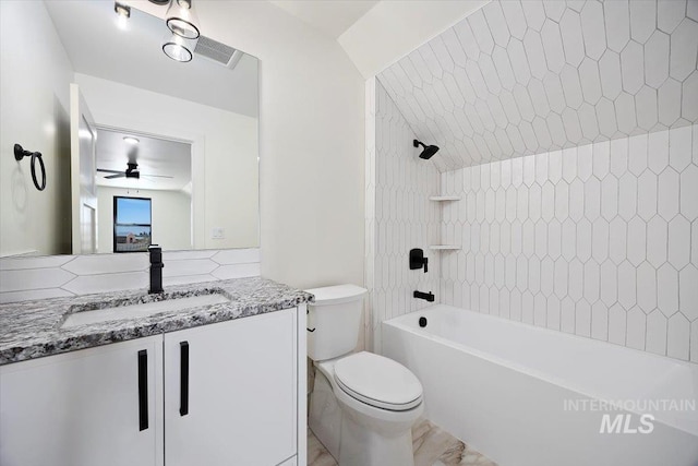 4069N 2200 2200 E E, Filer, ID 83328 - bathroom featuring vanity, toilet, a ceiling fan, bathtub / shower combination, and marble finish floors