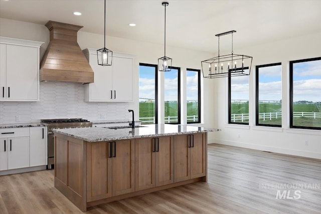 4069N 2200 2200 E E, Filer, ID 83328 - kitchen with stainless steel stove, custom exhaust hood, a sink, light wood finished floors, and light stone counters