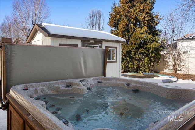 exterior space featuring a hot tub