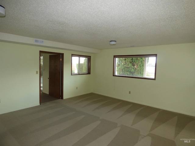 unfurnished room with a textured ceiling and carpet floors