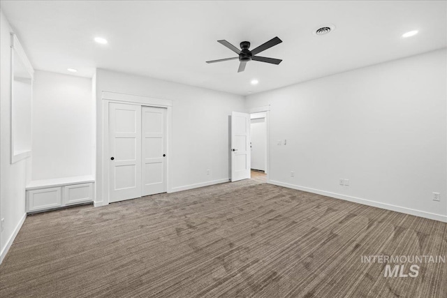 1006 Hill Rd, Homedale, ID 83628 - unfurnished bedroom with recessed lighting, carpet flooring, a closet, and ceiling fan