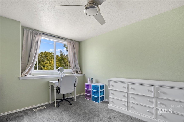 583 E Willowridge Ct, Kuna, ID 83634 - office area featuring carpet flooring, ceiling fan, a textured ceiling, and baseboards