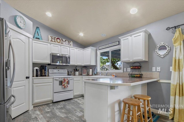 583 E Willowridge Ct, Kuna, ID 83634 - kitchen with stainless steel appliances, a peninsula, light wood-style flooring, vaulted ceiling, and white cabinets