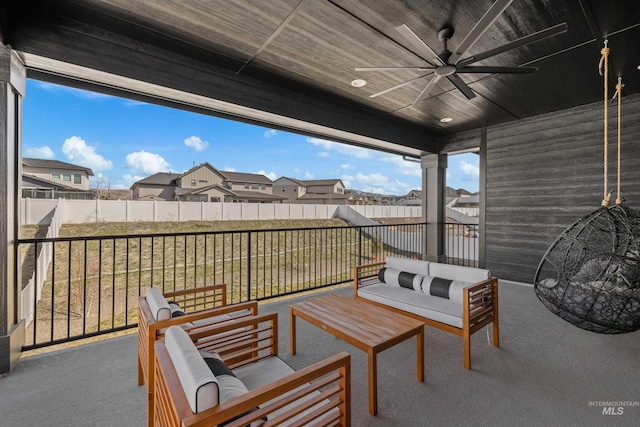 13684 N Sage Grouse Pl, Boise, ID 83714 - view of patio / terrace with an outdoor living space, a fenced backyard, a residential view, and ceiling fan