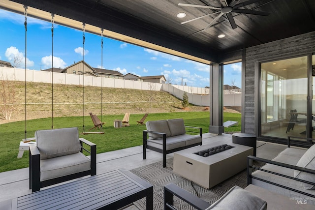 13684 N Sage Grouse Pl, Boise, ID 83714 - view of patio / terrace with an outdoor living space with a fire pit, fence, and ceiling fan