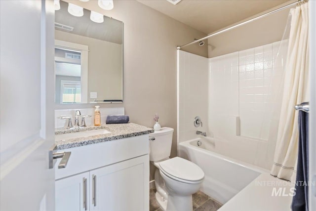 full bathroom with shower / bath combo with shower curtain, visible vents, toilet, and vanity