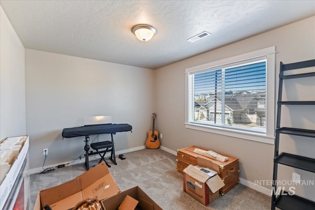misc room featuring baseboards, a textured ceiling, visible vents, and light carpet
