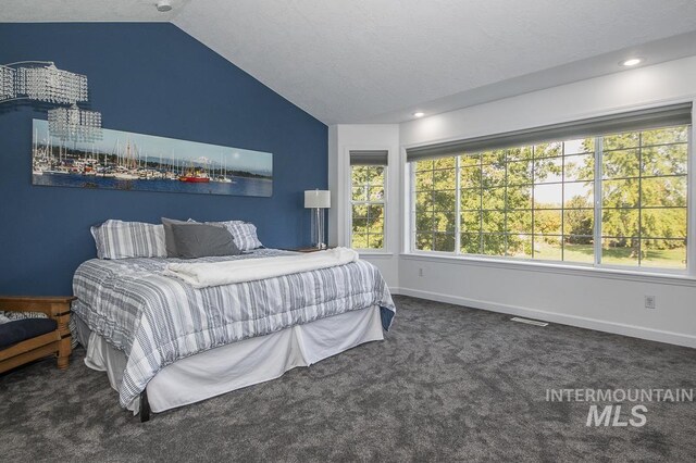 bedroom with a textured ceiling, visible vents, baseboards, vaulted ceiling, and dark carpet