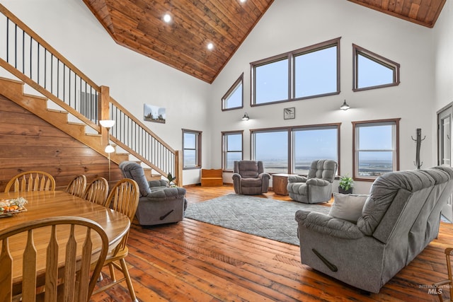 340 Gill Point Rd, Grangeville, ID 83530 - living room featuring hardwood / wood-style floors, high vaulted ceiling, and wood ceiling