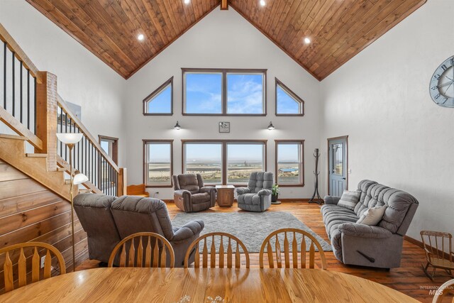 340 Gill Point Rd, Grangeville, ID 83530 - dining space featuring wood-type flooring, high vaulted ceiling, and wooden ceiling