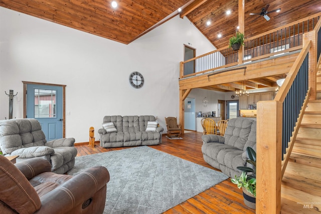 340 Gill Point Rd, Grangeville, ID 83530 - living room featuring beamed ceiling, wood-type flooring, wood ceiling, and high vaulted ceiling