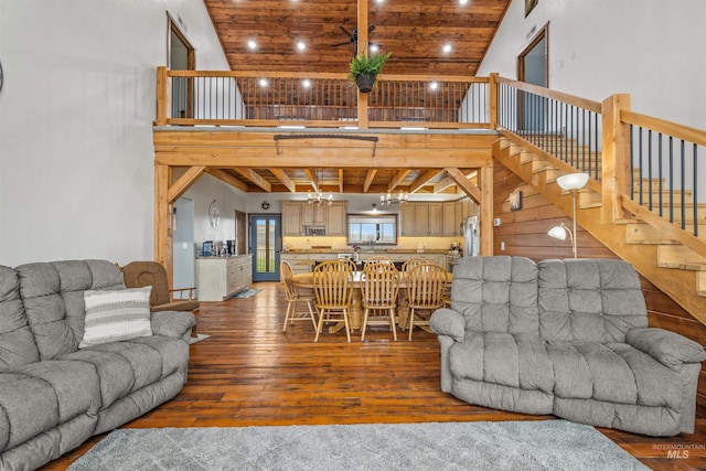 340 Gill Point Rd, Grangeville, ID 83530 - living room with hardwood / wood-style floors, high vaulted ceiling, beam ceiling, and wood ceiling