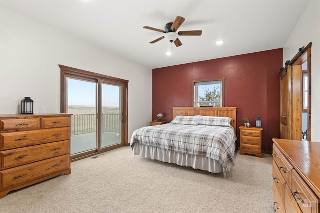 340 Gill Point Rd, Grangeville, ID 83530 - bedroom with access to outside, multiple windows, ceiling fan, and light carpet