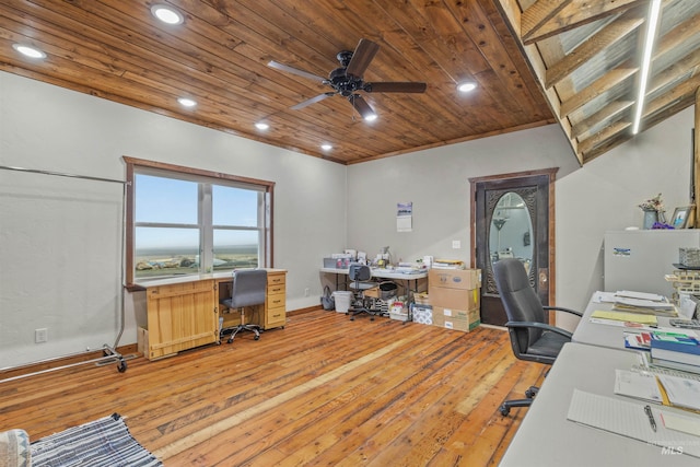 340 Gill Point Rd, Grangeville, ID 83530 - home office featuring wood-type flooring, ceiling fan, and wood ceiling