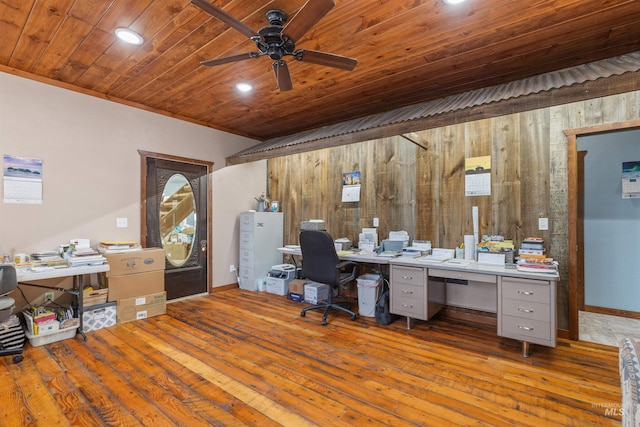 340 Gill Point Rd, Grangeville, ID 83530 - office space with ceiling fan, hardwood / wood-style floors, wooden ceiling, and wooden walls