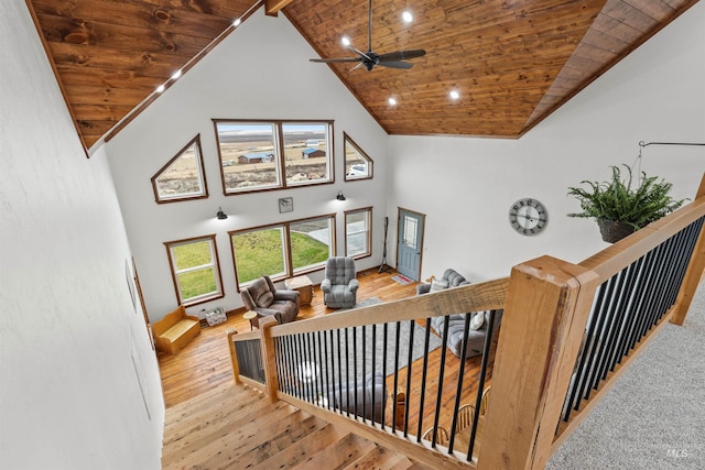 340 Gill Point Rd, Grangeville, ID 83530 - staircase with ceiling fan, hardwood / wood-style floors, high vaulted ceiling, and wooden ceiling