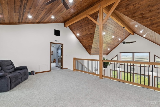 340 Gill Point Rd, Grangeville, ID 83530 - interior space with carpet, high vaulted ceiling, ceiling fan, and wood ceiling