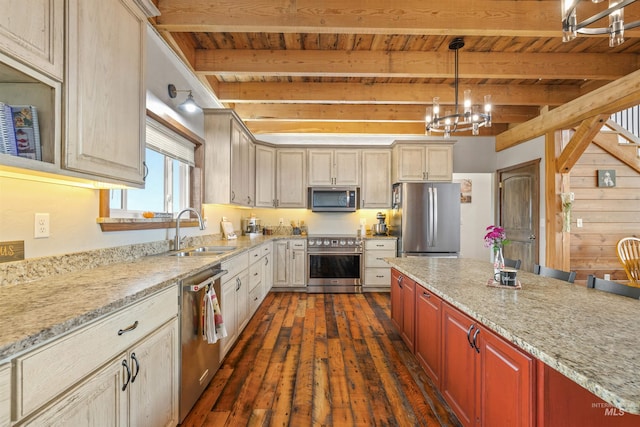 340 Gill Point Rd, Grangeville, ID 83530 - kitchen featuring dark hardwood / wood-style floors, beam ceiling, sink, and appliances with stainless steel finishes