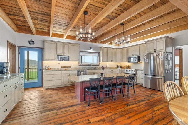 340 Gill Point Rd, Grangeville, ID 83530 - kitchen with beam ceiling, dark wood-type flooring, stainless steel appliances, decorative light fixtures, and a kitchen island with sink