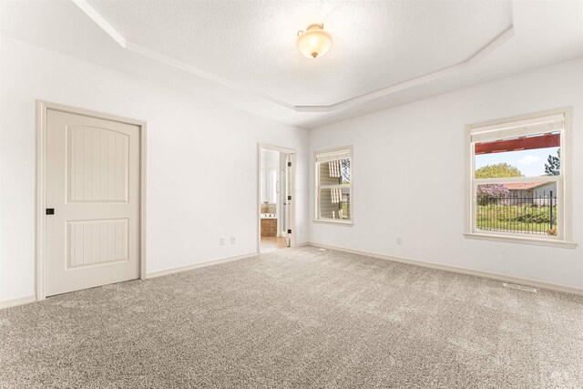 unfurnished room with baseboards, carpet, a textured ceiling, and a raised ceiling