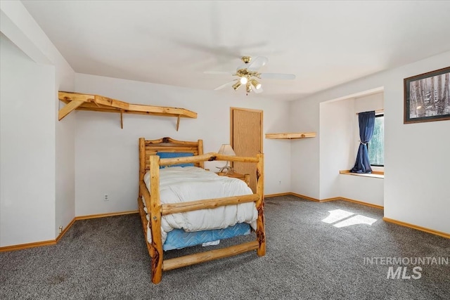 bedroom with carpet floors, baseboards, and ceiling fan
