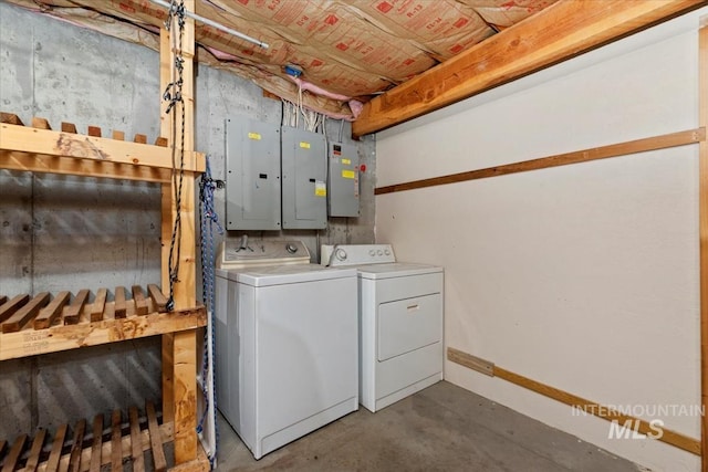 washroom featuring laundry area, washer and clothes dryer, and electric panel