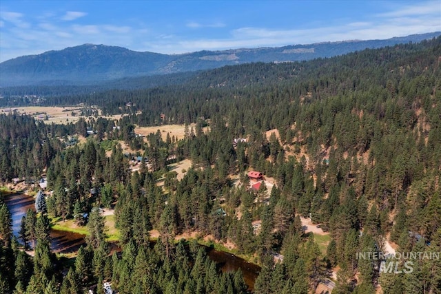 aerial view featuring a mountain view and a wooded view