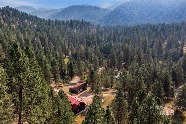 birds eye view of property with a view of trees and a mountain view